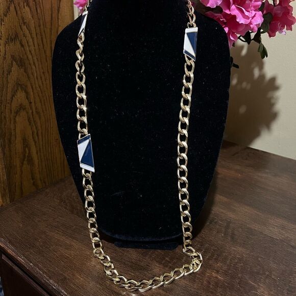Monet Jewelry - VTG RUNWAY HEAVY GP MONET 36" CHAIN NAVY & CREAM ENAMEL NECKLACE MODERNIST 80s